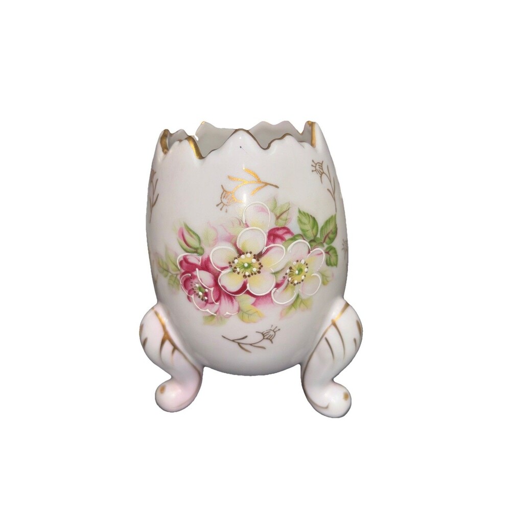 Vintage Inarco 1962 Porcelain Small Cracked Egg Footed Pink & Gold Floral Vase